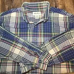 Eddie Bauer Shirt Men’s XXL Button Down Green and Blue Plaid 100% cotton